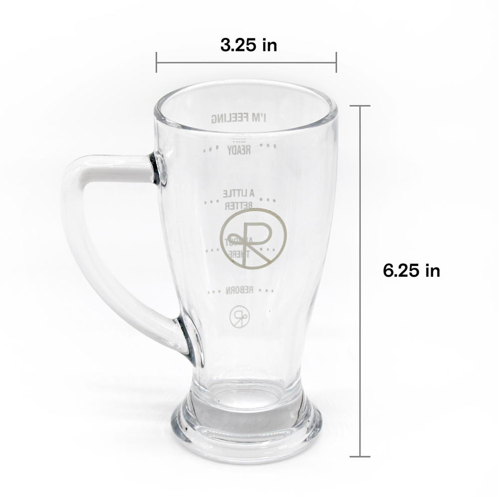 Measurements of Reborn Coffee pint glass are shown, with diameter of top being 3.25 inches, height of glass being 6.25 inches. 2 of 4.