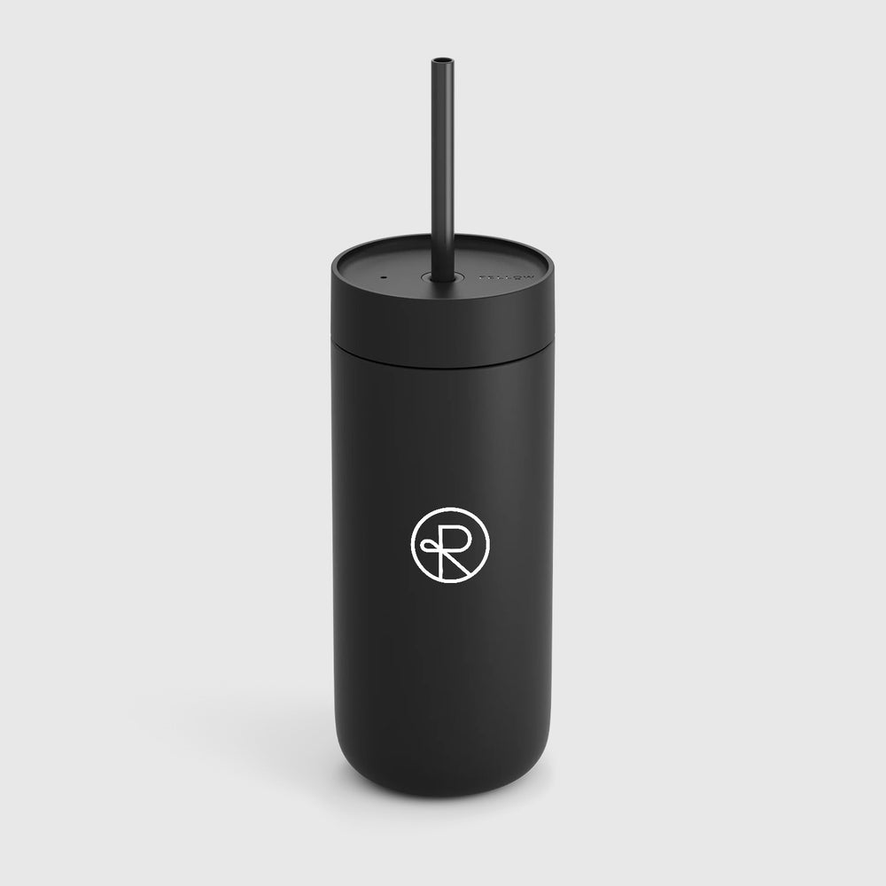 Black colored Fellow tumbler with black colored plastic straw, has Reborn Coffee circular logo imprinted on it. 1 of 3.