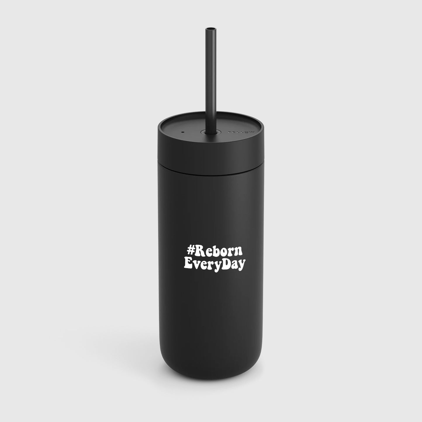 Black colored Fellow tumbler with black colored plastic straw, has text “#RebornEveryDay” imprinted on it. 2 of 3.