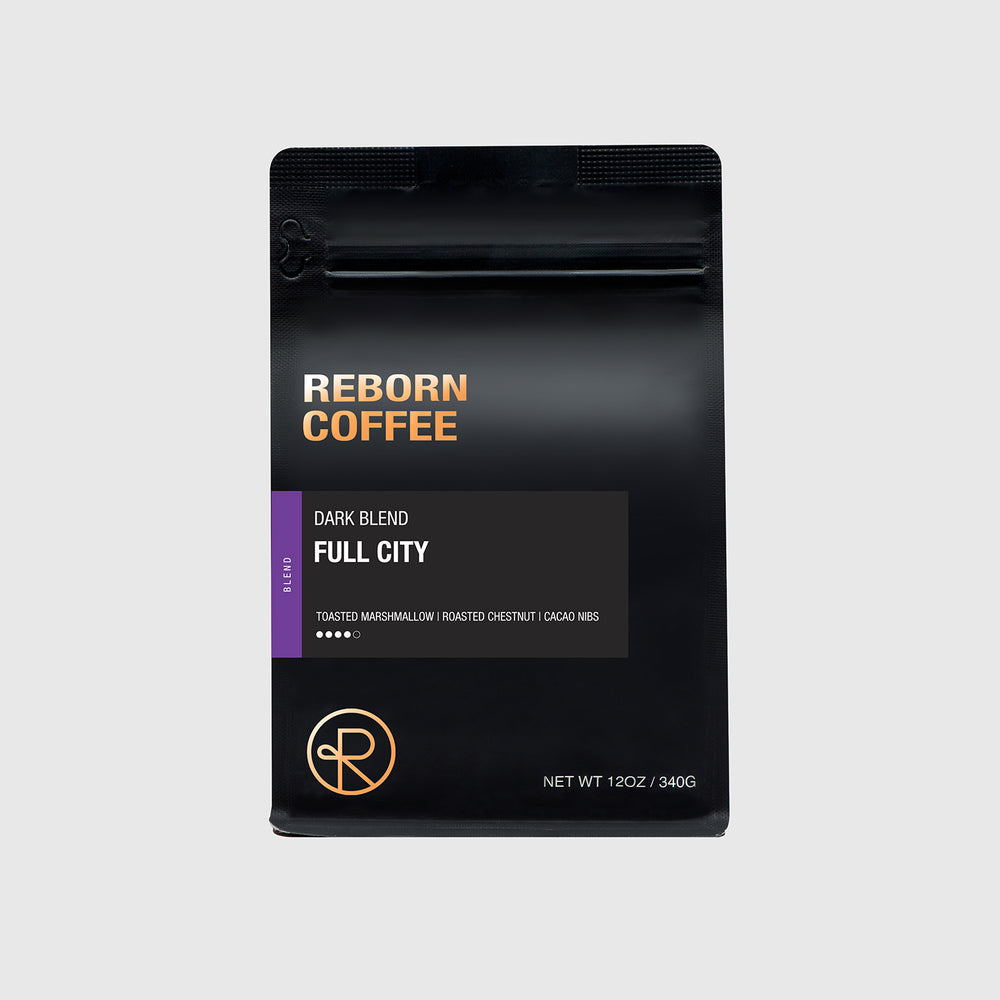 12oz bag of Full City blend Reborn Coffee whole beans.