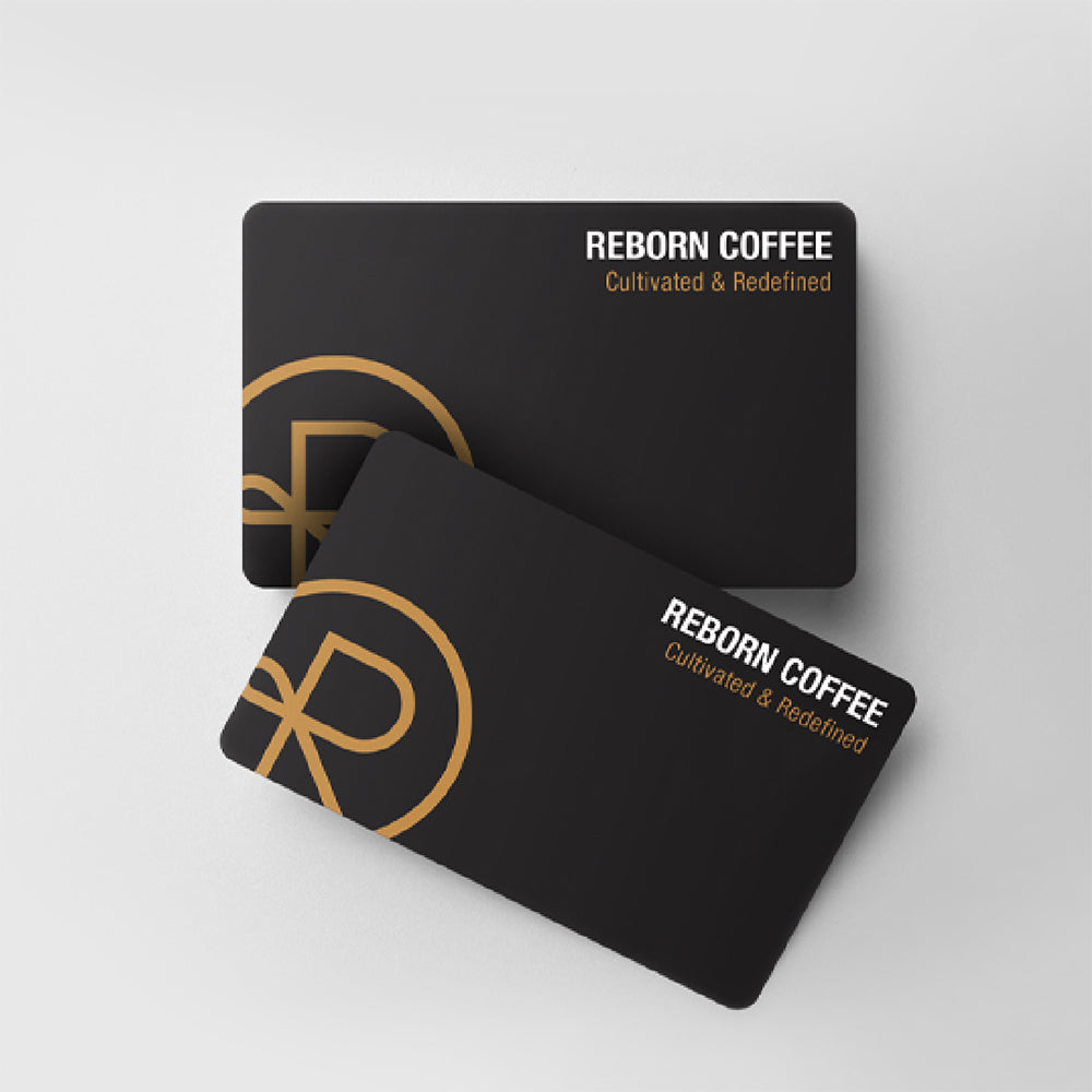 Reborn coffee giftcard with text Reborn Coffee cultivated and redefined.