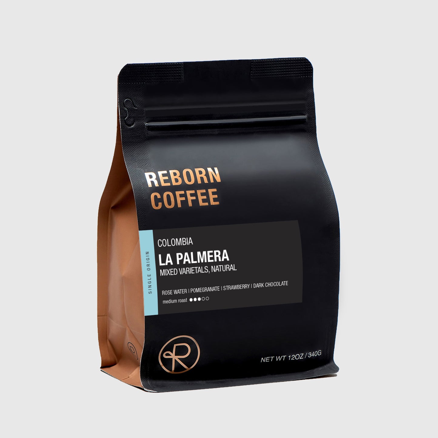 Whole Bean Coffee Colombia La Palmera in a 12 oz Reborn Coffee bag. 