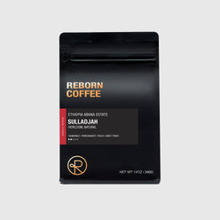 
                  
                    12 oz Bag of Ethiopia Sulladjah whole bean coffee from Reborn Coffee. Front view.
                  
                