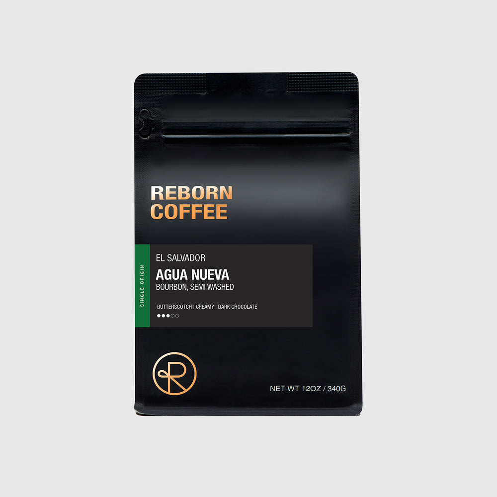 12oz bag of El Salvador, Agua Nueva single origin Reborn Coffee whole beans.