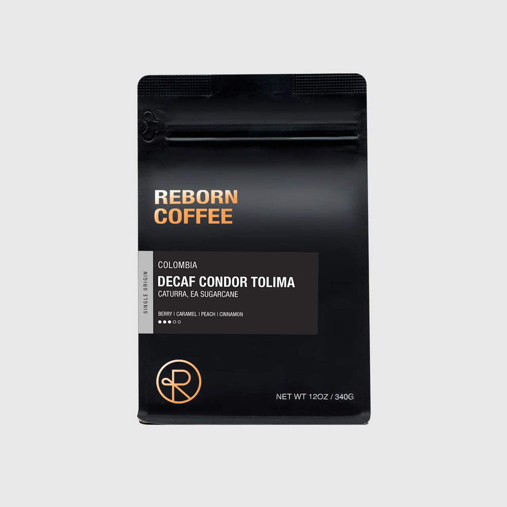 12oz bag of Decaf Colombia, Condor Tolima single origin Reborn Coffee whole beans.