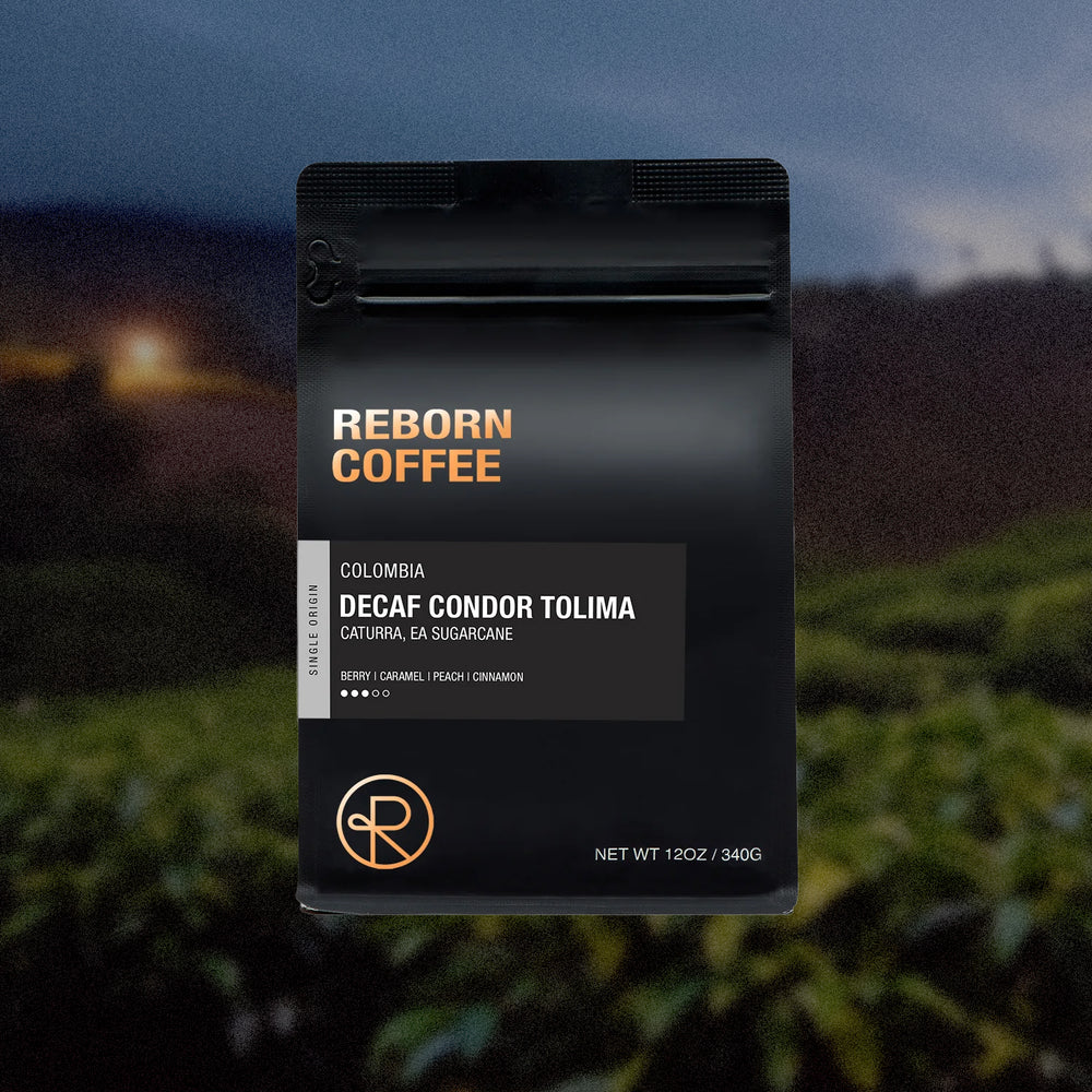 12oz bag of Decaf Colombia, Condor Tolima single origin Reborn Coffee whole beans.