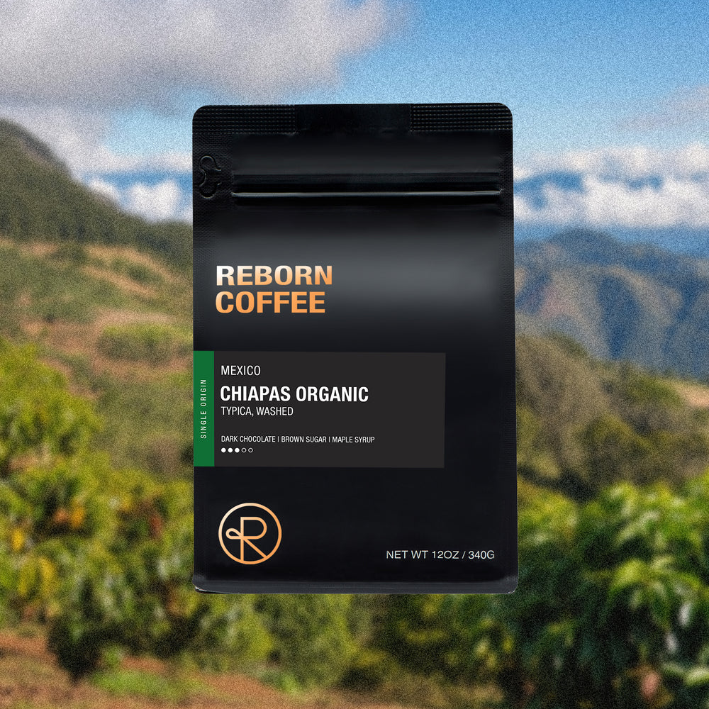 12oz bag of Mexico, Chiapas Organic single origin Reborn Coffee whole beans.