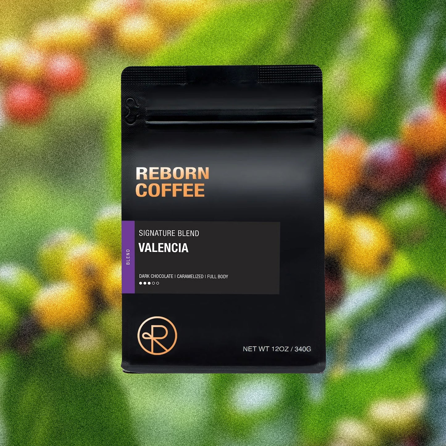 12oz bag of Valencia, Signature Blend Reborn Coffee whole beans.