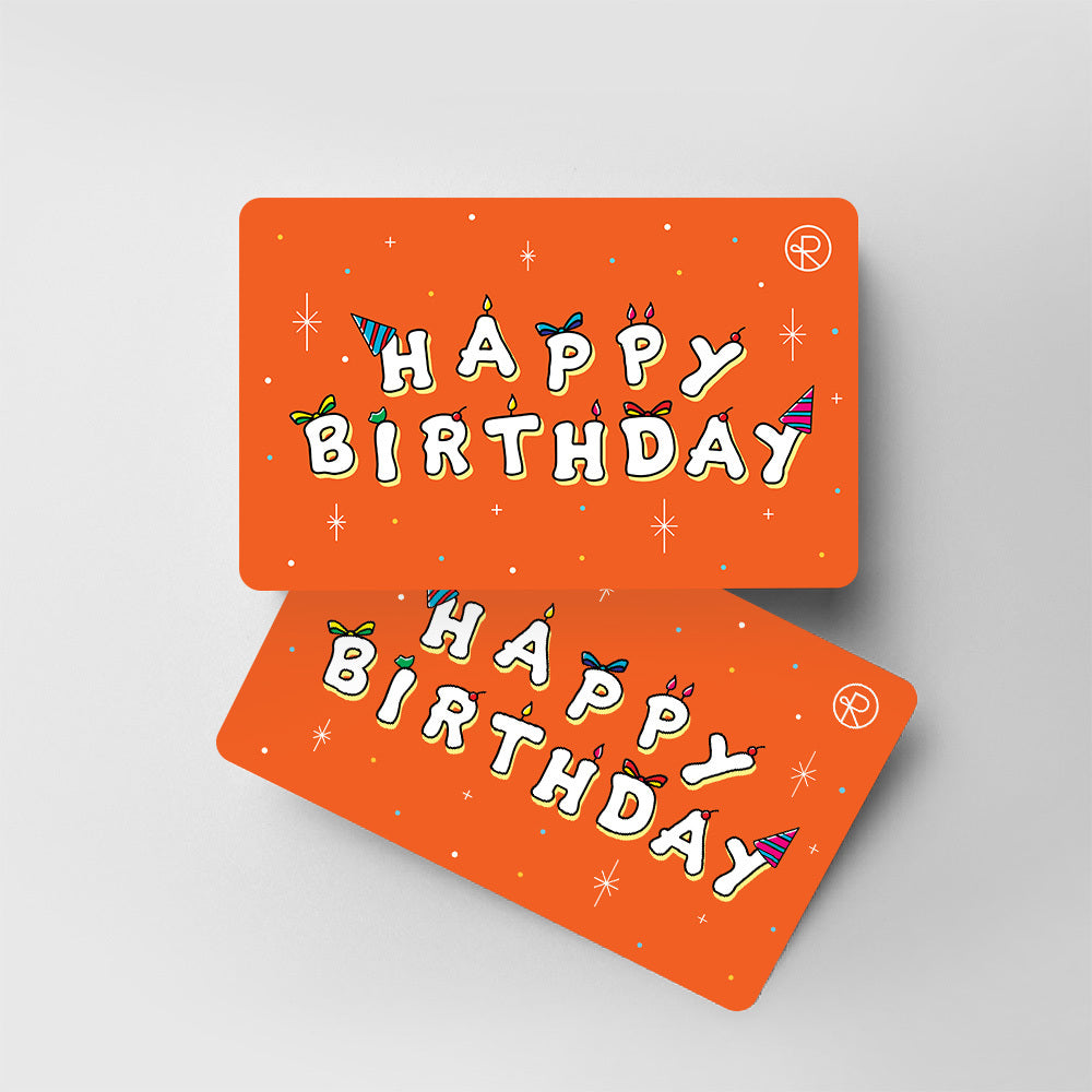 Reborn Coffee Gift Card with text, Happy Birthday, on front display.