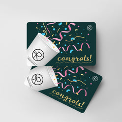 
                  
                    Reborn Coffee Gift Card with confetti and text, congrats, on gift card.
                  
                