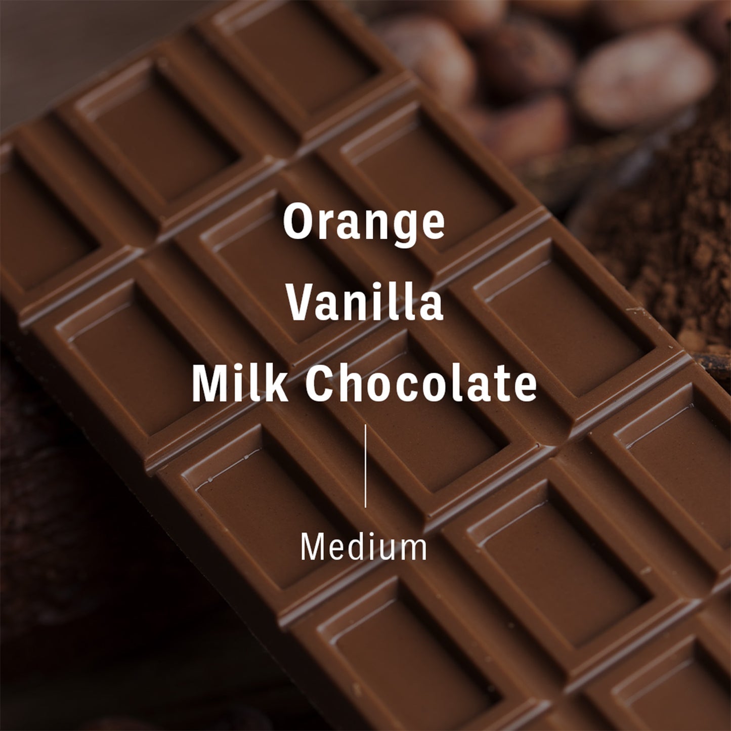 Flavor notes of Floresta coffee blend on picture of chocolate. Flavor text reads orange, vanilla, milk chocolate, and medium.