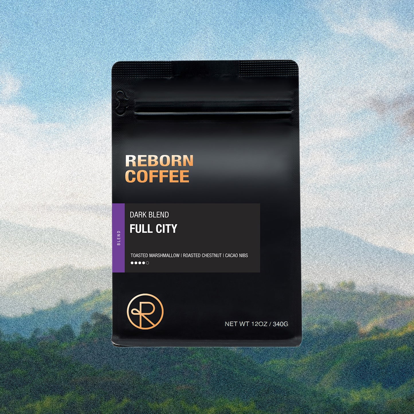 12oz bag of Full City blend Reborn Coffee whole beans.