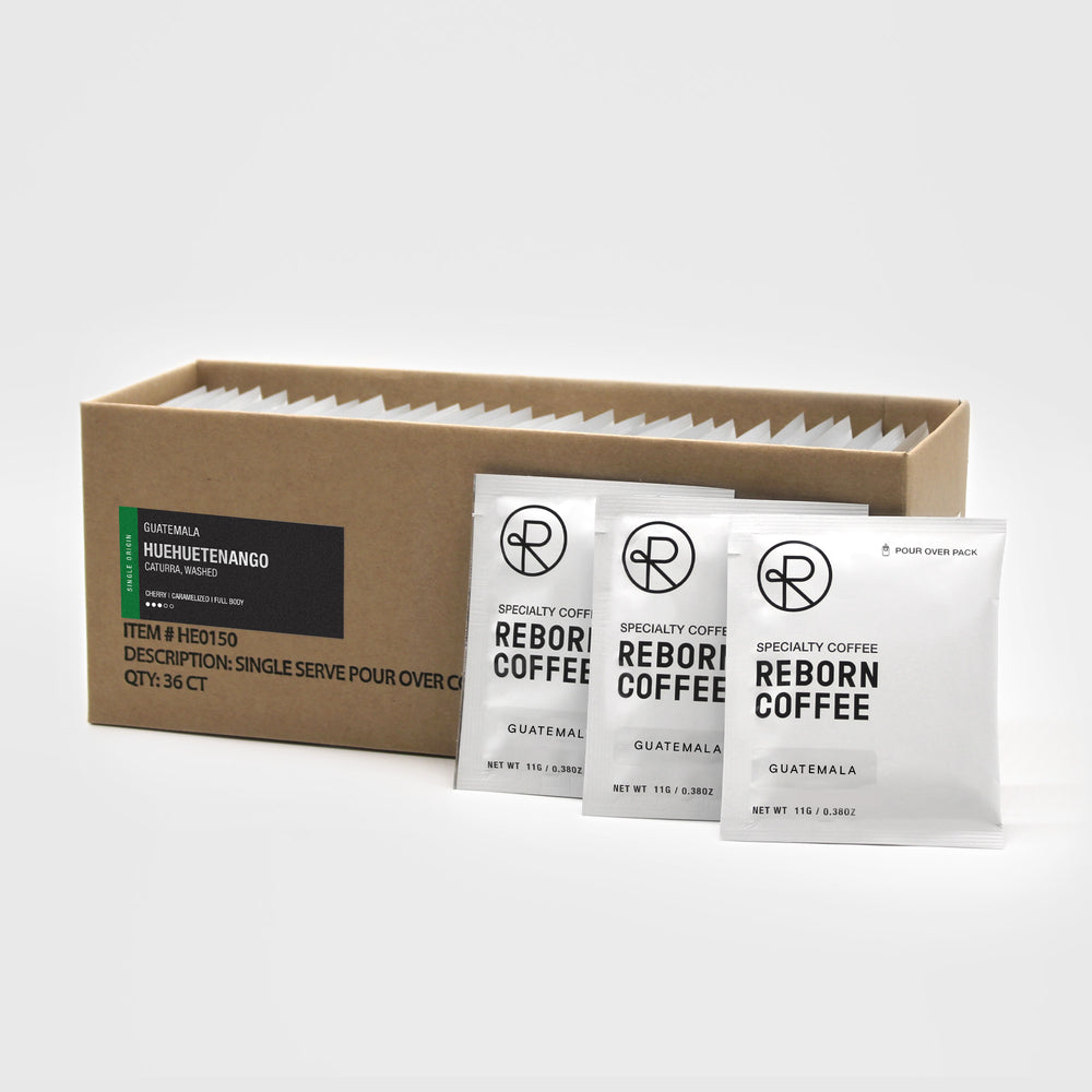 
                  
                    Cardboard box with 36 pour over packs of Guatemala huehuetenango coffee inside, product information on front sticker. 3 Nitro sealed pour over pack bags next to the box. 3 of 6.
                  
                