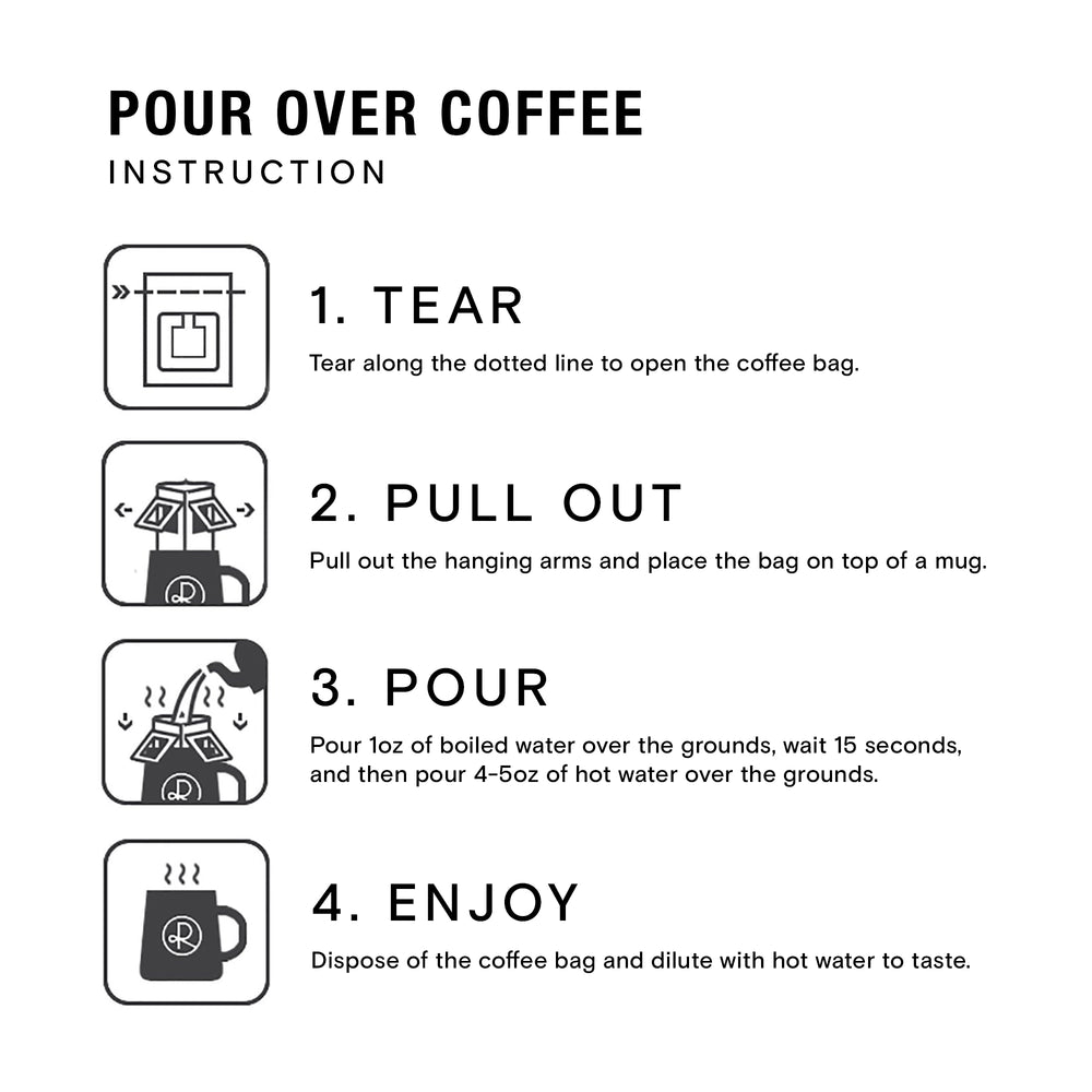 
                  
                    Pour over pack instructions, text reads,” 1, Tear, tear along the dotted line to open the coffee bag. 2, pull out, pull out the hanging arms and place the bag on top of a mug. 3, pour, pour 1 ounce of boiled water over the grounds, wait 15 seconds, and then pour 4 to 5 ounces of hot water over the grounds. 4, Enjoy, dispose of the coffee bag and dilute with hot water to taste.” 5 of 7
                  
                