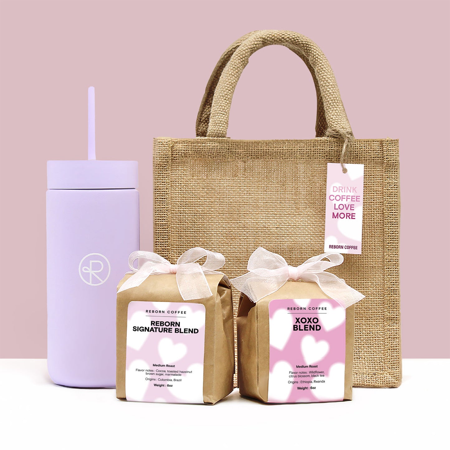 XOXO Sip Set, tote bag with two coffee bean blends and tumbler with straw.