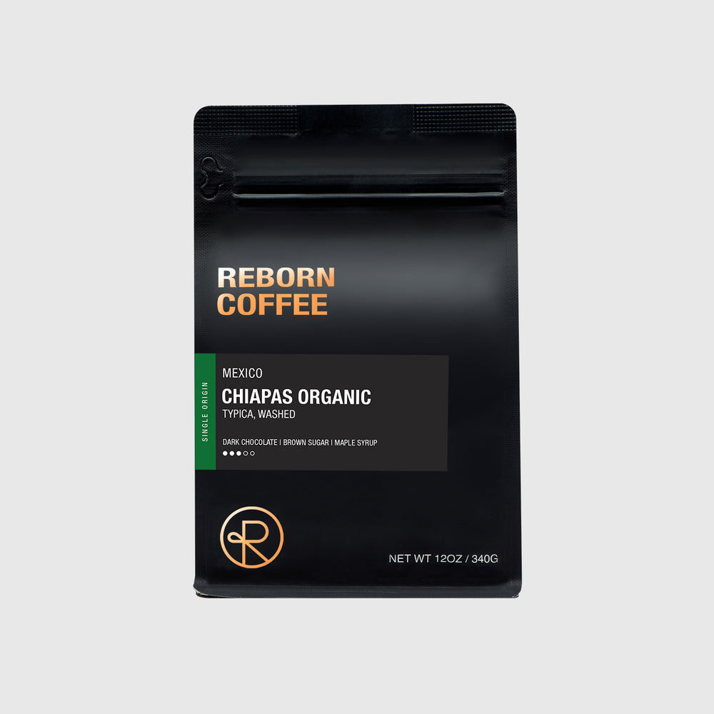 12oz bag of Mexico, Chiapas Organic single origin Reborn Coffee whole beans.