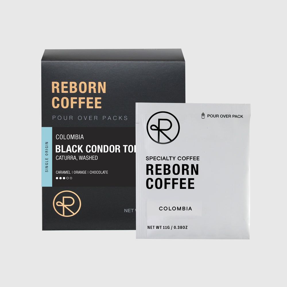
                  
                    Colombia Black Condor pour over pack box with product information on front sticker. Nitro sealed pour over pack bag next to box. 1 of 6.
                  
                