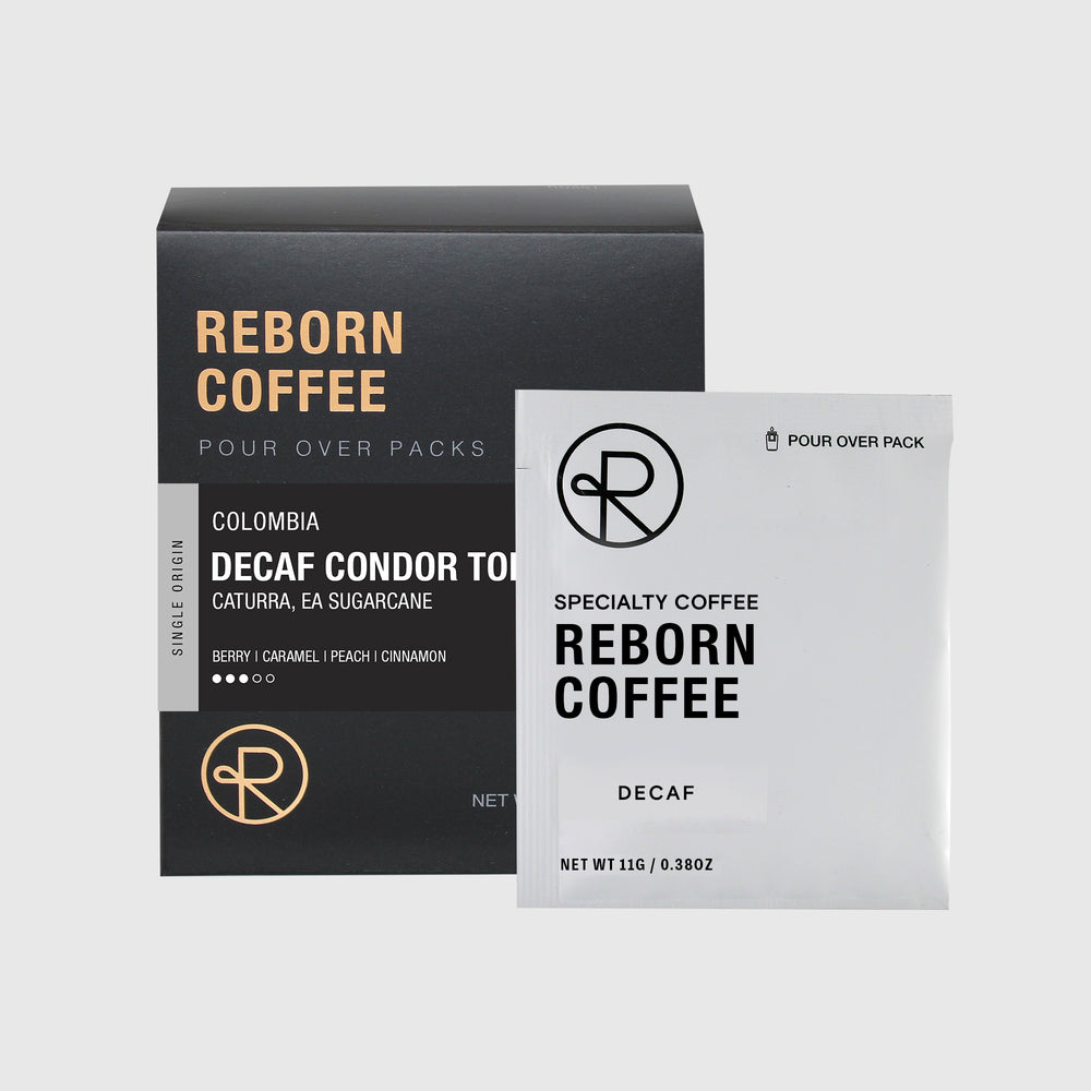 
                  
                    Colombia Decaf pour over pack box with product information on front sticker. Nitro sealed pour over pack bag next to box. 1 of 6.
                  
                