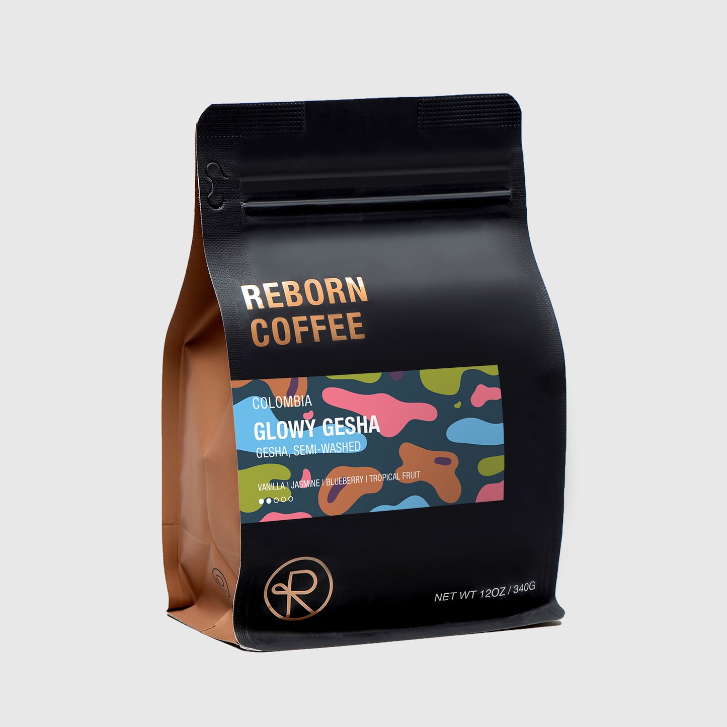 Bag with 12 ounces of Glowy Gesha Coffee beans inside. Sticker shows product information on colorful background. Front left view, 1 of 4.