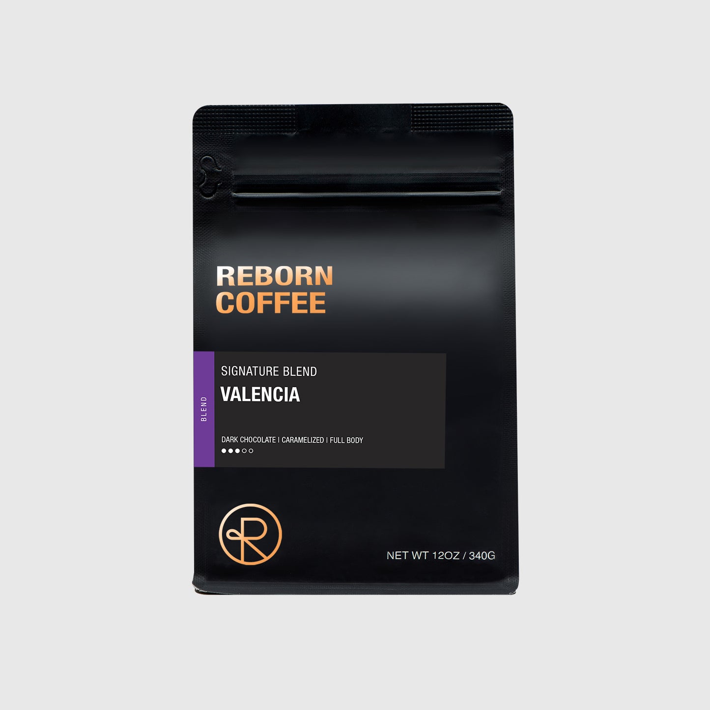 12oz bag of Valencia, Signature Blend Reborn Coffee whole beans.