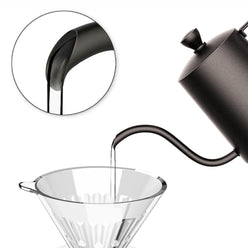 
                  
                    Black stainless steel Timemore gooseneck pour-over kettle with steady flow of water into dripper. Close up of water stream out of the kettle is provided. 5 of 6.
                  
                