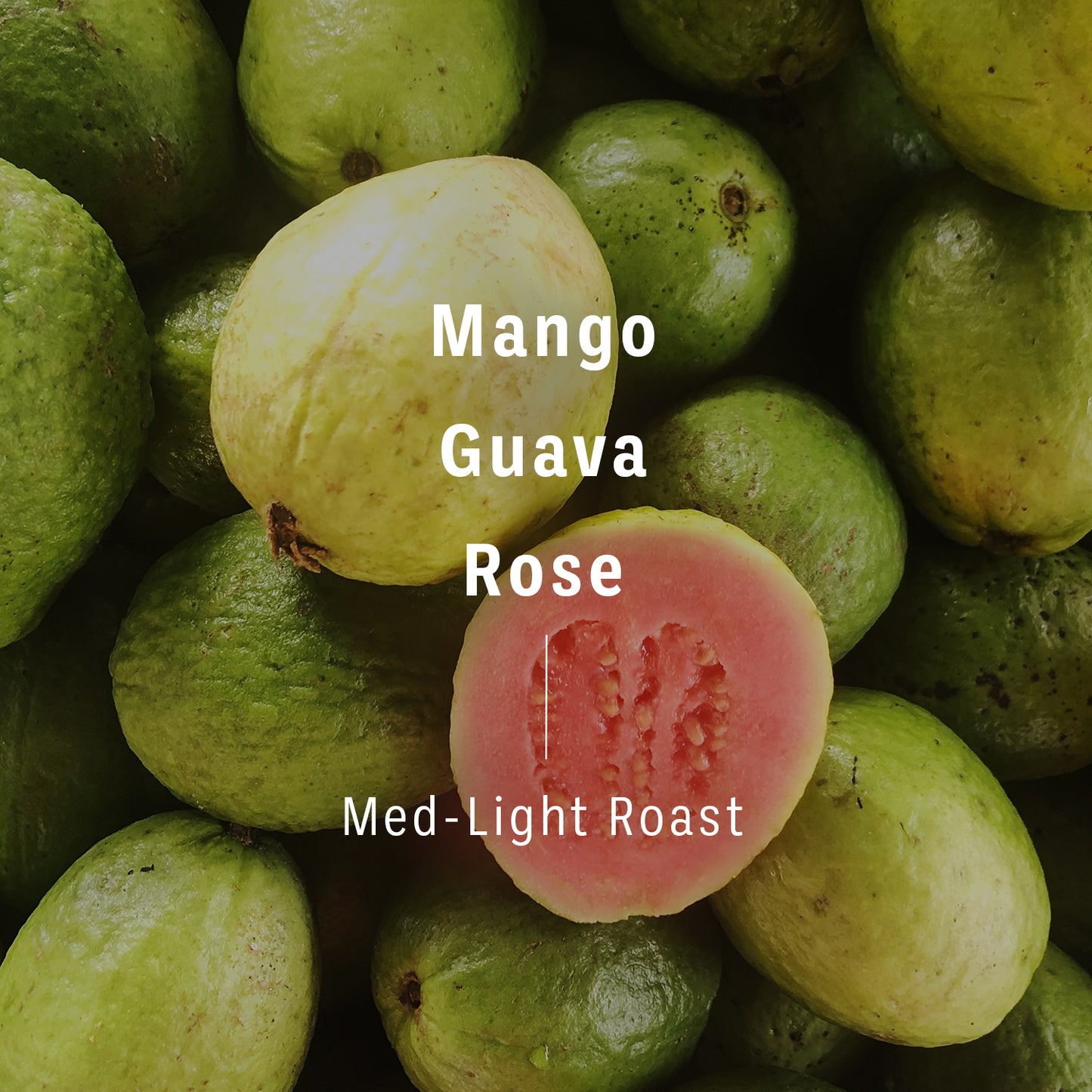 Flavor notes and roast level of Colombia Carbonic Macerated coffee beans imposed on background of guavas. Text reads, “Mango, Guava, Rose, med-light roast," 2 of 4.
